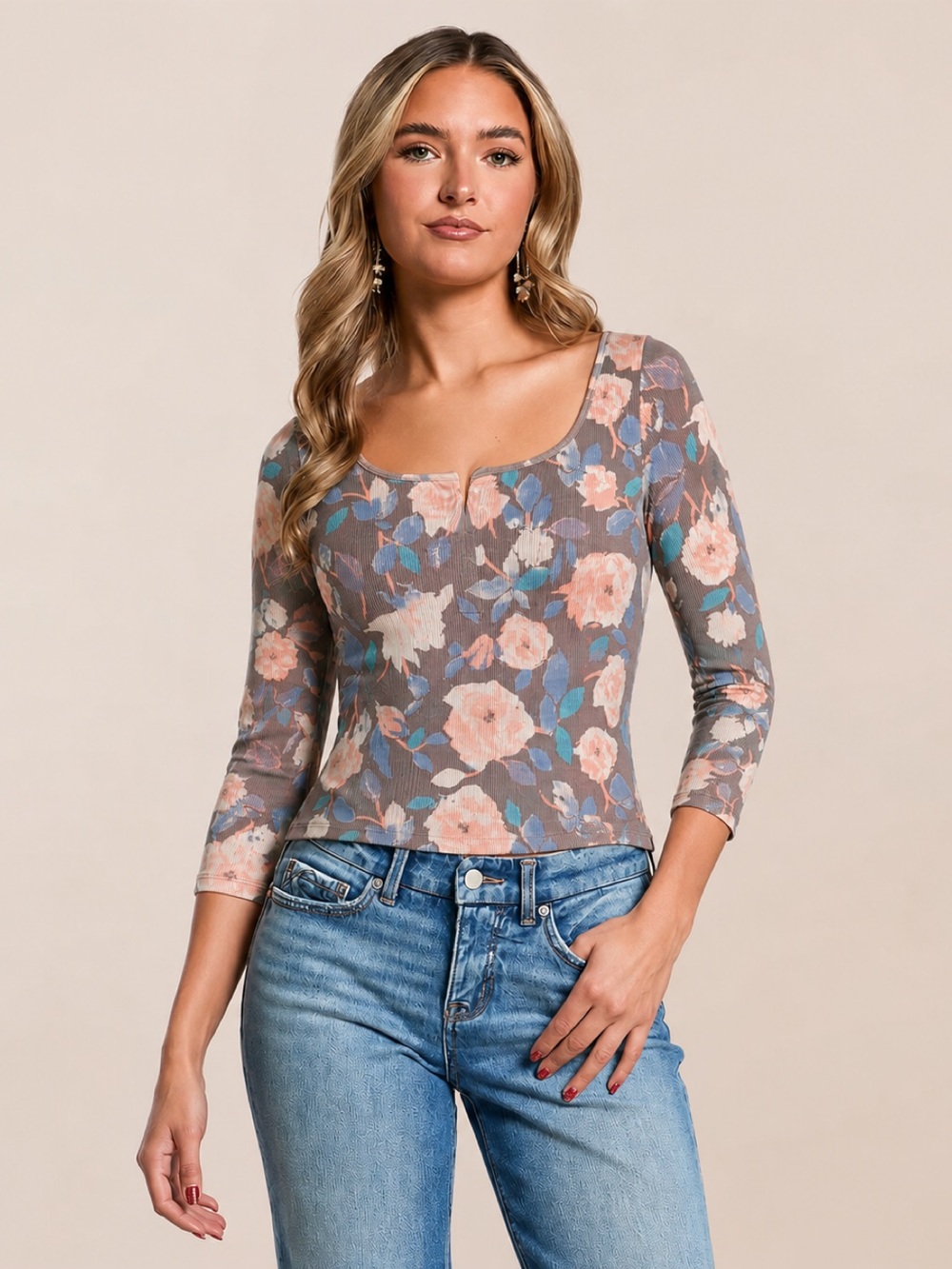 Mudd Floral Scoop Neck Long-Sleeve Ribbed Henley Top Shirt Large